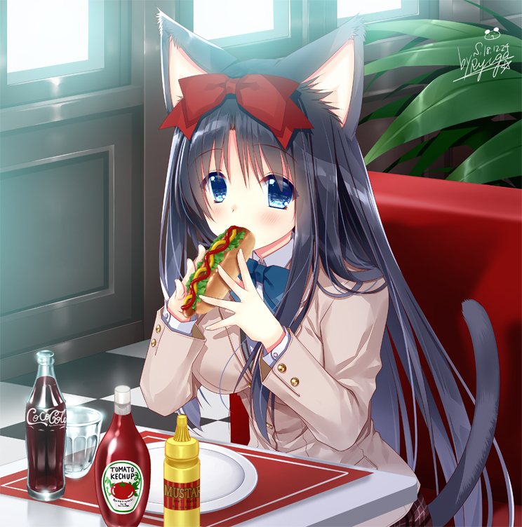 1girl animal_ears beige_blazer black_hair blazer blue_eyes blush bottle bow bowtie breasts cat_ears cat_girl cat_tail checkered checkered_floor coca-cola collared_shirt commentary_request dated diner eating eyebrows_visible_through_hair food glasses hair_between_eyes hair_bow hair_over_shoulder holding holding_food hot_dog indoors jacket ketchup_bottle long_hair long_sleeves looking_at_viewer medium_breasts mustard original plant plate ryuuga_shou school_uniform shirt signature sitting solo table tail very_long_hair white_shirt
