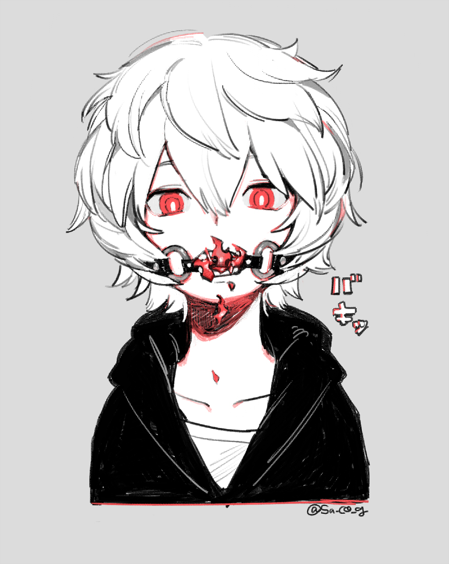 1boy albino black_hoodie collarbone empty_eyes fire fur gag gagged grey_background greyscale hair_between_eyes hood hood_down hoodie kuga_yuuma long_sleeves looking_at_viewer monochrome pale_skin red_eyes sacog simple_background solo spot_color tail upper_body white_hair world_trigger