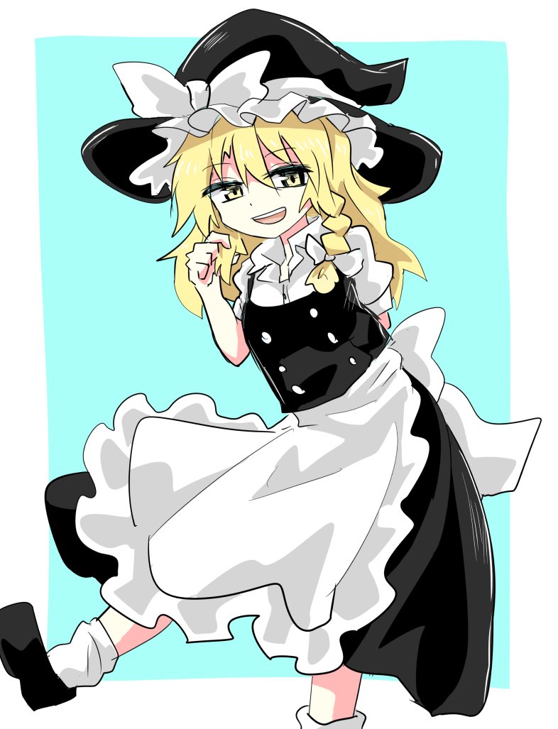 apron black_footwear black_headwear black_vest blonde_hair blue_background bow braid chups eyebrows_visible_through_hair hat hat_ribbon kirisame_marisa looking_at_viewer open_mouth puffy_short_sleeves puffy_sleeves ribbon short_sleeves simple_background smile touhou twin_braids vest white_bow white_legwear white_ribbon white_sleeves witch_hat yellow_eyes