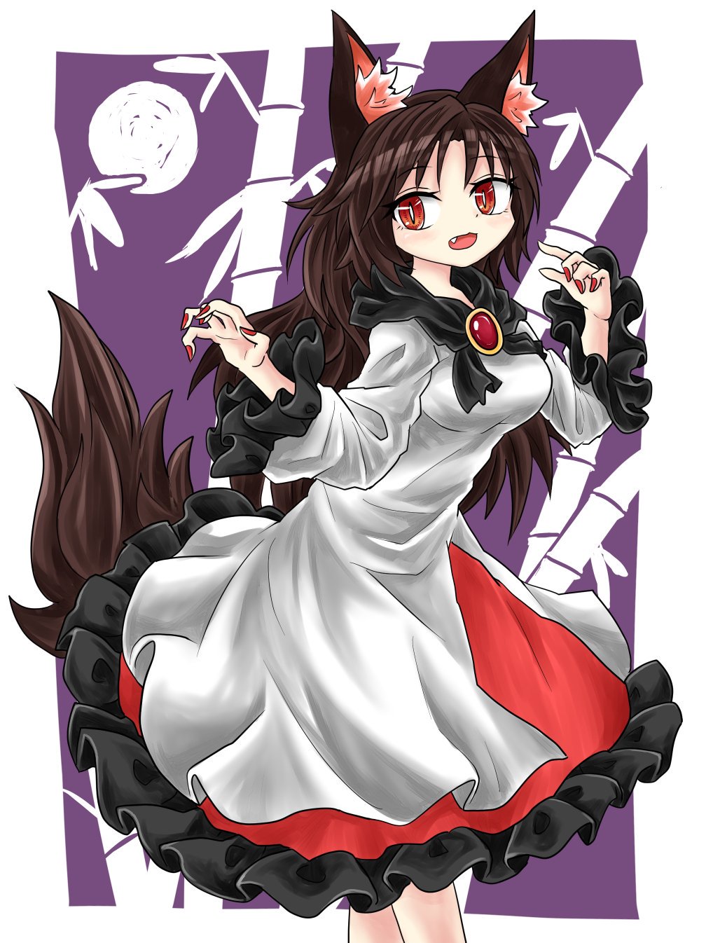 animal_ears bamboo bangs black_frills brooch brown_hair chups dress eyebrows_visible_through_hair fang frilled_dress frilled_sleeves frills highres imaizumi_kagerou jewelry long_hair long_sleeves looking_at_viewer moon purple_background red_eyes red_nails tail touhou white_dress wide_sleeves wolf_ears wolf_tail