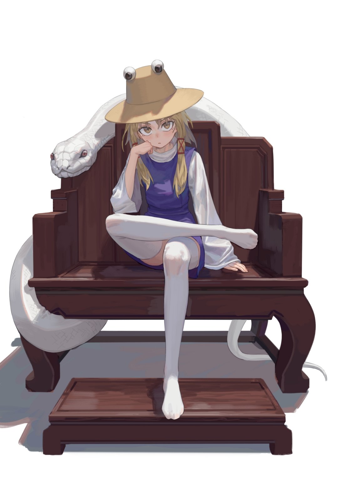 1girl bangs blonde_hair brown_headwear crossed_legs highres long_hair long_sleeves looking_at_viewer max-k mishaguji moriya_suwako no_shoes purple_skirt purple_vest pyonta sidelocks simple_background skirt snake solo standing stool thigh-highs throne touhou vest white_background white_legwear wide_sleeves yellow_eyes