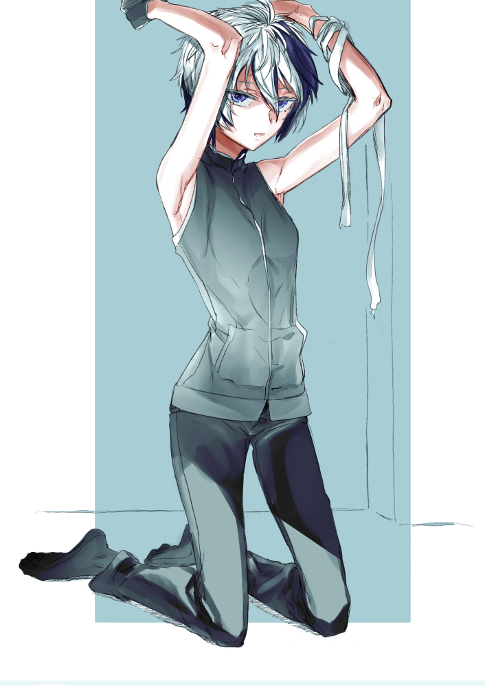 1girl armpits arms_up bandaged_arm bandages commentary_request danaka flower_(vocaloid) gloves grey_gloves grey_pants grey_shirt kneeling looking_at_viewer multicolored_hair pants parted_lips purple_hair shirt sleeveless sleeveless_shirt socks solo streaked_hair v_flower_(vocaloid4) violet_eyes vocaloid white_hair