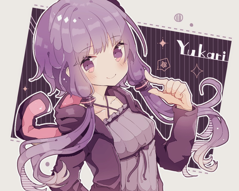 1girl blush breasts character_name closed_mouth commentary criss-cross_halter dress grey_background hair_ornament halterneck hand_up hood hood_down hooded_jacket jacket long_hair long_sleeves looking_at_viewer low_twintails mina_(sio0616) open_clothes open_jacket purple_dress purple_hair purple_jacket small_breasts smile solo twintails upper_body very_long_hair violet_eyes voiceroid yuzuki_yukari