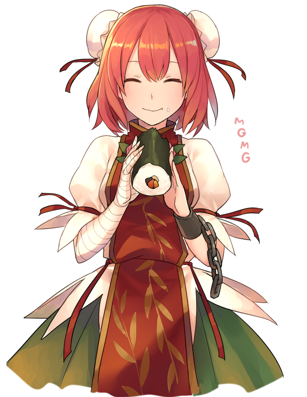 1girl bandaged_arm bandages bangs breasts bun_cover chain check_character chorefuji closed_eyes closed_mouth cuffs double_bun food food_on_face hair_between_eyes holding holding_food ibaraki_kasen light_smile orange_hair puffy_sleeves red_ribbon ribbon rice rice_on_face shackles shiny shiny_hair short_hair simple_background solo sushi tabard touhou wheat_print white_background