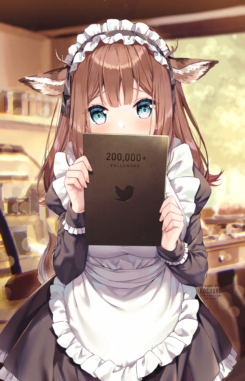 1girl animal_ears apron aqua_eyes artist_name bangs black_dress blurry blurry_background blush brown_hair commentary commentary_request deer_ears depth_of_field dress eyebrows_visible_through_hair followers frilled_apron frilled_dress frills highres holding indoors long_hair long_sleeves looking_at_viewer maid maid_apron maid_headdress mixed-language_commentary number original puffy_sleeves rosuuri solo twitter_logo white_apron