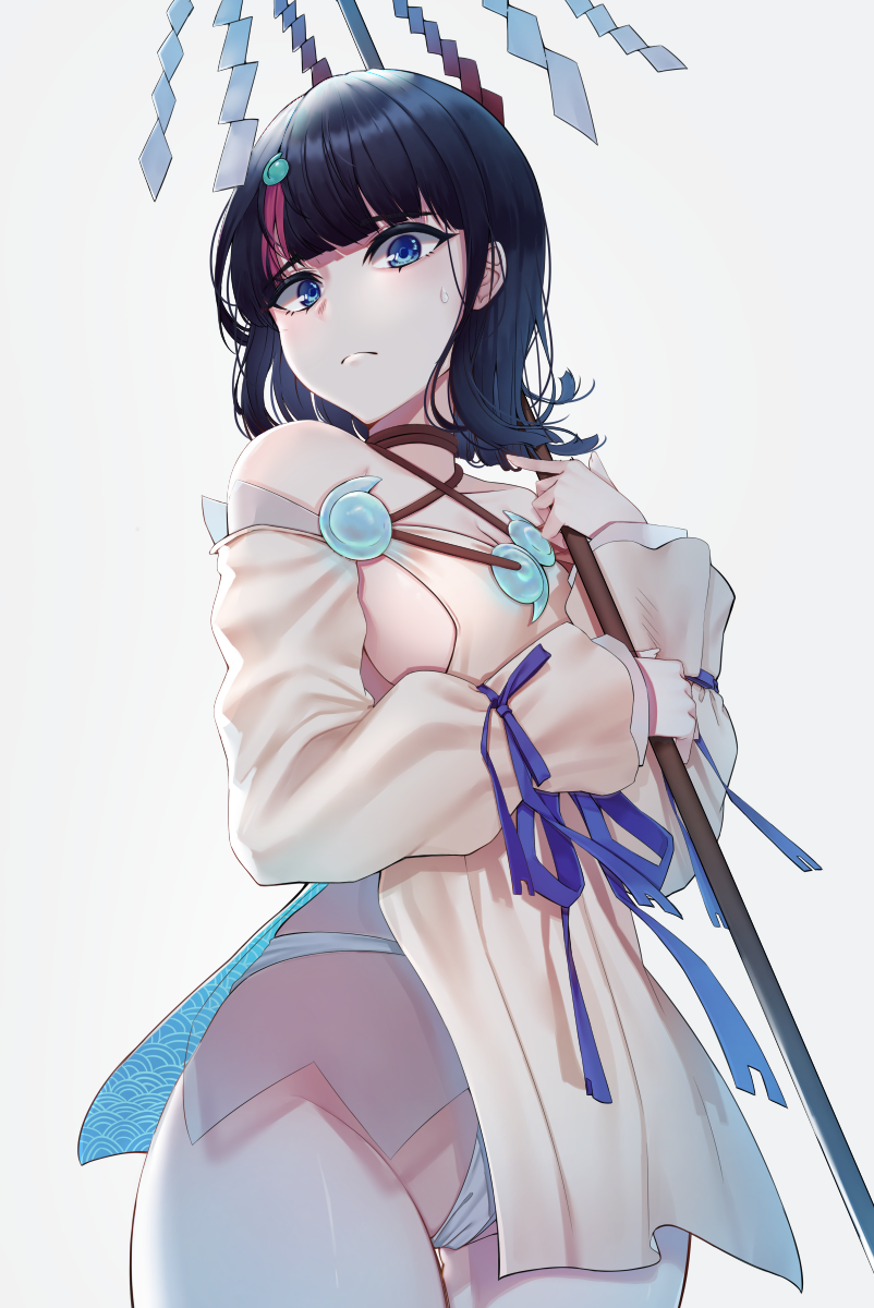 1girl bangs bare_shoulders black_hair blue_eyes blue_ribbon breasts closed_mouth collarbone dress fate/grand_order fate/requiem fate_(series) fundoshi highres japanese_clothes jewelry kngr418 large_breasts long_sleeves looking_at_viewer magatama magatama_hair_ornament medium_hair multicolored_hair necklace pelvic_curtain pink_hair polearm puffy_long_sleeves puffy_sleeves ribbon short_dress sideboob sideless_outfit spear streaked_hair thighs utsumi_erise weapon white_dress