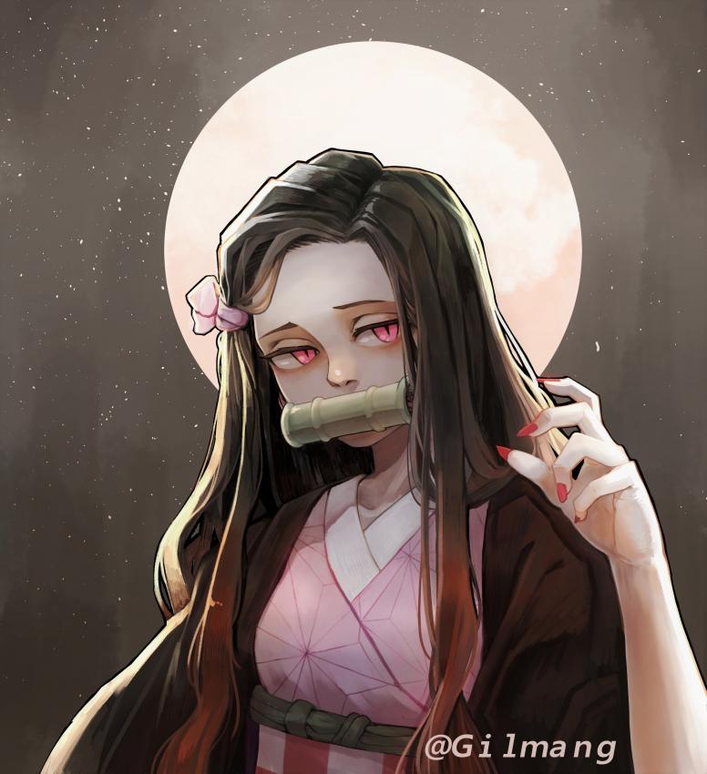 1girl bamboo black_hair fingernails gilmang japanese_clothes kamado_nezuko kimetsu_no_yaiba kimono long_hair looking_at_viewer moon oni pink_kimono pink_ribbon red_eyes red_nails ribbon rope_belt sharp_fingernails slit_pupils