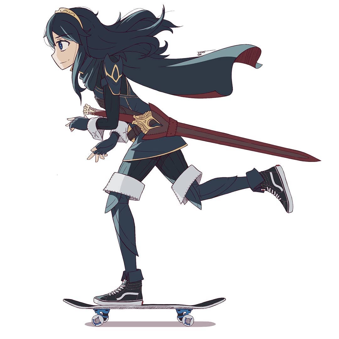 1girl bangs blue_gloves blue_hair cape commentary contemporary english_commentary falchion_(fire_emblem) fingerless_gloves fire_emblem fire_emblem_awakening from_side full_body gloves hair_between_eyes jestami leg_up long_hair lucina lucina_(fire_emblem) sheath sheathed shoes signature simple_background skateboard skateboarding smile sneakers solo sword tiara weapon white_background