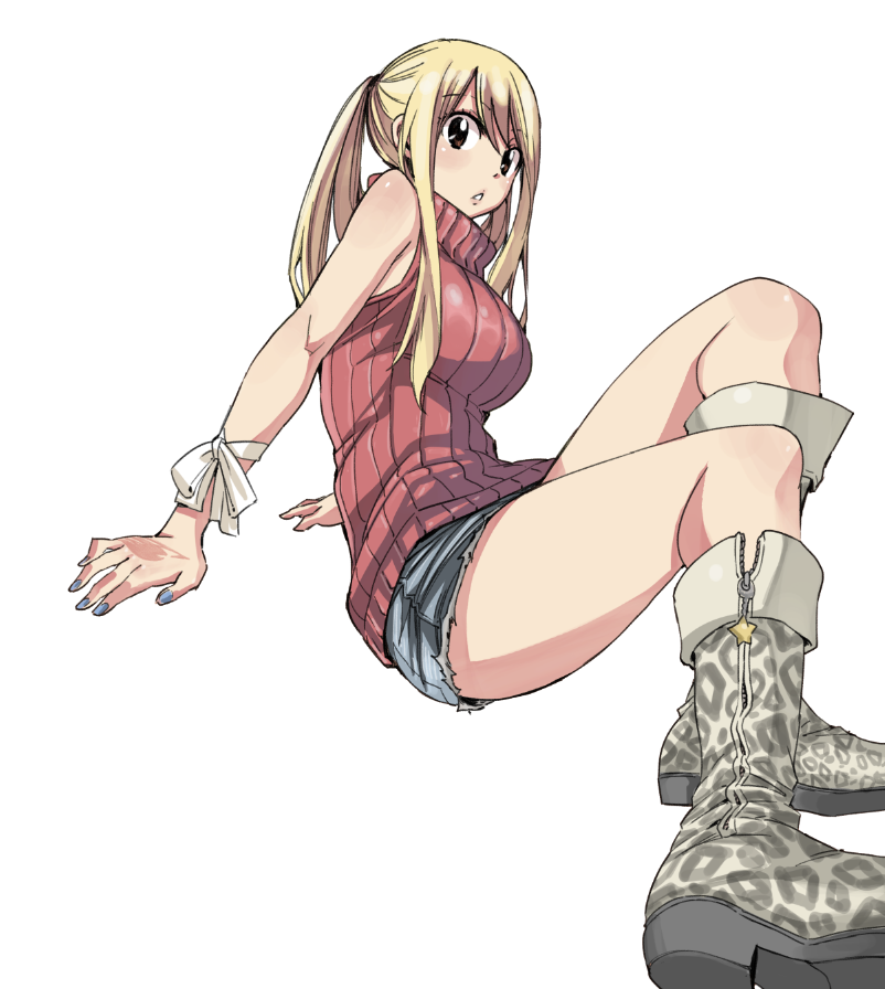 1girl arm_support bare_shoulders blonde_hair boots breasts brown_eyes denim denim_shorts eyebrows_visible_through_hair fairy_tail hair_between_eyes large_breasts looking_at_viewer lucy_heartfilia mashima_hiro nail_polish official_art ponytail shorts simple_background sitting sleeveless solo sweater white_background