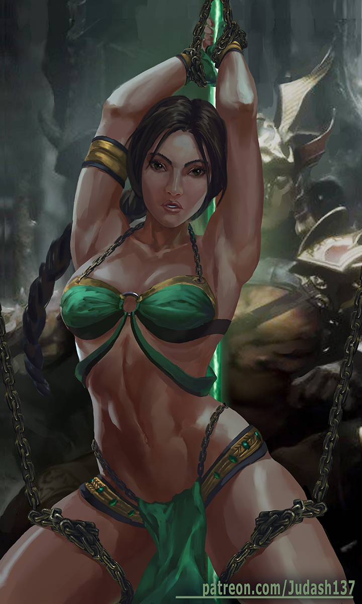 1girl armpits arms_up bare_arms bare_shoulders bikini black_hair bracelet breasts cleavage clenched_hands collarbone dark_skin earrings fantasy fighting_stance fingerless_gloves gloves green_eyes jade_(mortal_kombat) jewelry judash137 large_breasts long_hair looking_at_viewer magic midway_(company) mortal_kombat mortal_kombat_4 mortal_kombat_armageddon mortal_kombat_deadly_alliance mortal_kombat_deception mortal_kombat_ii mortal_kombat_trilogy ponytail skirt smile solo staff standing swimsuit thighs toned ultimate_mortal_kombat_3 very_long_hair weapon