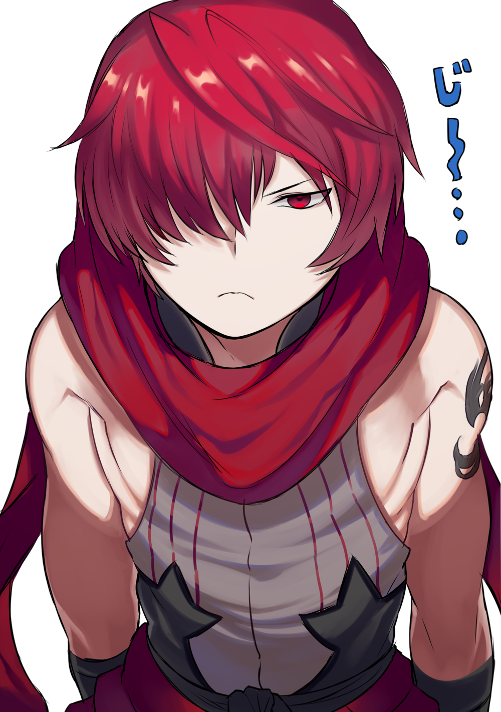 1boy fate/grand_order fate_(series) fuuma_kotarou_(fate/grand_order) hair_over_one_eye highres leaning_forward male_focus red_eyes red_scarf redhead scarf shoulder_tattoo sleeveless staring tattoo tetsu_(teppei)