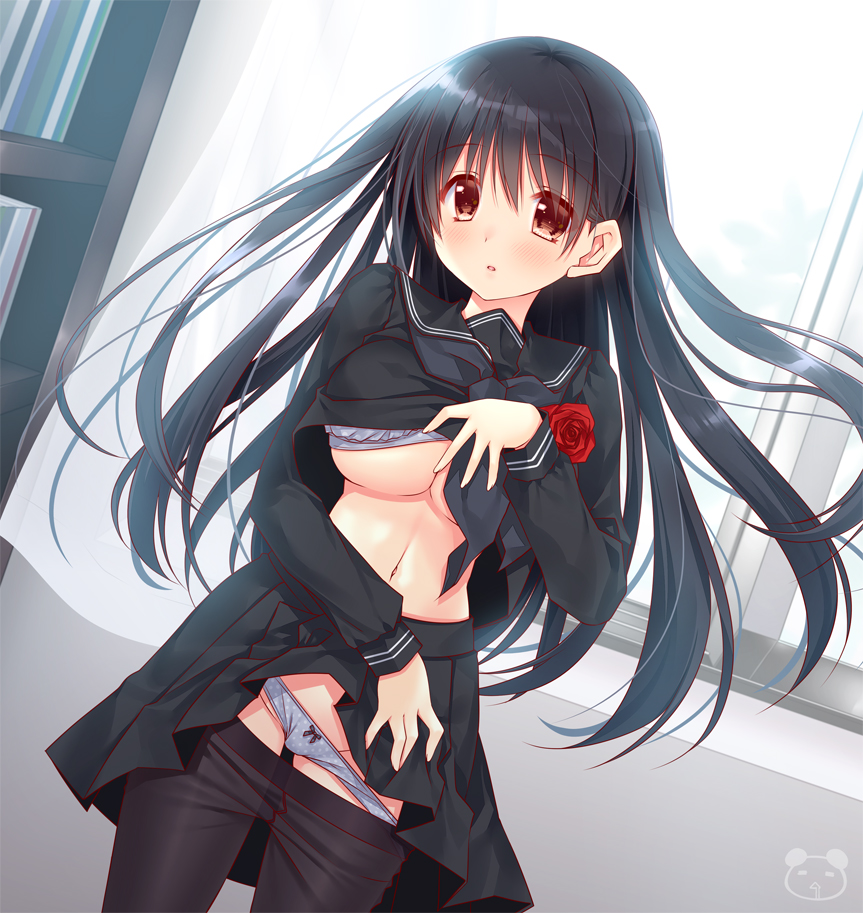 1girl :o backlighting black_hair black_legwear black_neckwear black_serafuku blue_bra blue_panties blush bookshelf bow bow_panties bra breasts brown_eyes commentary_request curtains eyebrows_visible_through_hair floating_hair flower hair_between_eyes indoors long_hair looking_at_viewer medium_breasts neckerchief original panties pantyhose pantyhose_pull polka_dot polka_dot_panties rose ryuuga_shou sailor_collar school_uniform serafuku shirt signature skirt skirt_lift solo underwear uniform wardrobe_malfunction window