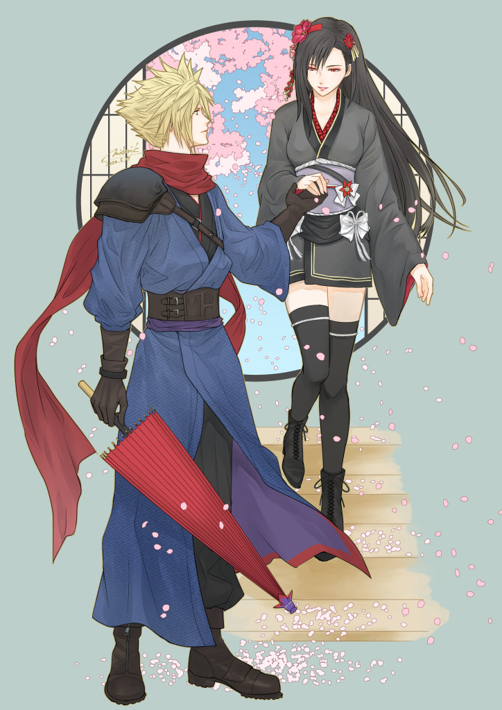 1boy 1girl alternate_costume black_hair blonde_hair cherry_blossoms cloud_strife final_fantasy final_fantasy_vii final_fantasy_vii_remake flower gloves hair_flower hair_ornament himmelisch-garten holding_hands japanese_clothes kimono oriental_umbrella red_scarf scarf spiky_hair stairs thigh-highs tifa_lockhart umbrella