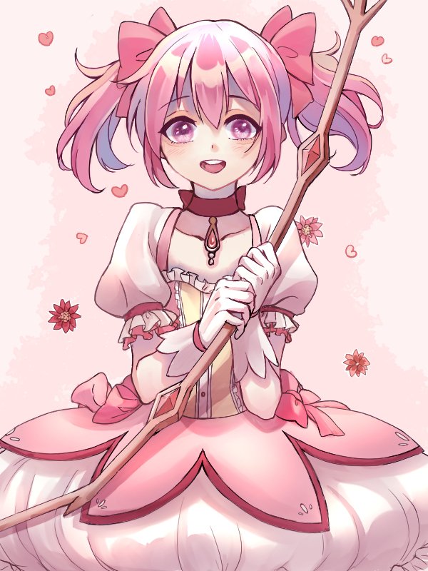 1girl blush bow_(weapon) bubble_skirt choker collarbone dot_nose eyebrows_visible_through_hair flat_chest floating_hair flower frilled_sleeves frills gloves gradient gradient_background hair_between_eyes hair_ribbon hands_up happy heart heart_background holding holding_bow_(weapon) holding_weapon izumi_(2476264) kaname_madoka looking_at_viewer mahou_shoujo_madoka_magica open_mouth pink_background pink_eyes pink_flower pink_hair pink_ribbon pink_theme puffy_short_sleeves puffy_sleeves red_choker red_flower red_neckwear ribbon shaded_face shiny shiny_hair short_sleeves short_twintails sidelocks simple_background skirt solo soul_gem standing tareme teeth twintails upper_body upper_teeth weapon white_background white_gloves white_skirt