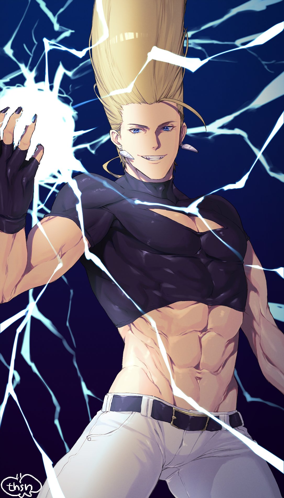 1boy abs blonde_hair blue_eyes crop_top earrings electricity fingerless_gloves gloves grin highres jewelry midriff murata_tefu nikaidou_benimaru pompadour smile the_king_of_fighters