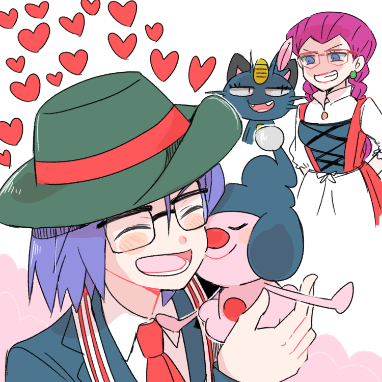 1boy atsumi_yoshioka blush closed_eyes gen_4_pokemon hat heart kojirou_(pokemon) mime_jr. musashi_(pokemon) pokemon pokemon_(anime) pokemon_(creature) smile