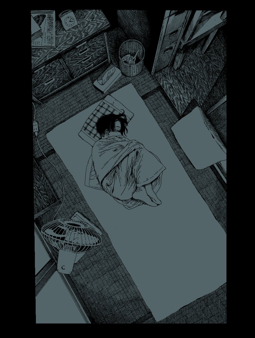 1girl blanket blue_theme closed_eyes drawer electric_fan extension_cord fetal_position from_above futon greyscale highres lying monochrome on_side original pillow short_hair sleeping socks solo tissue_box trash_can unko_man