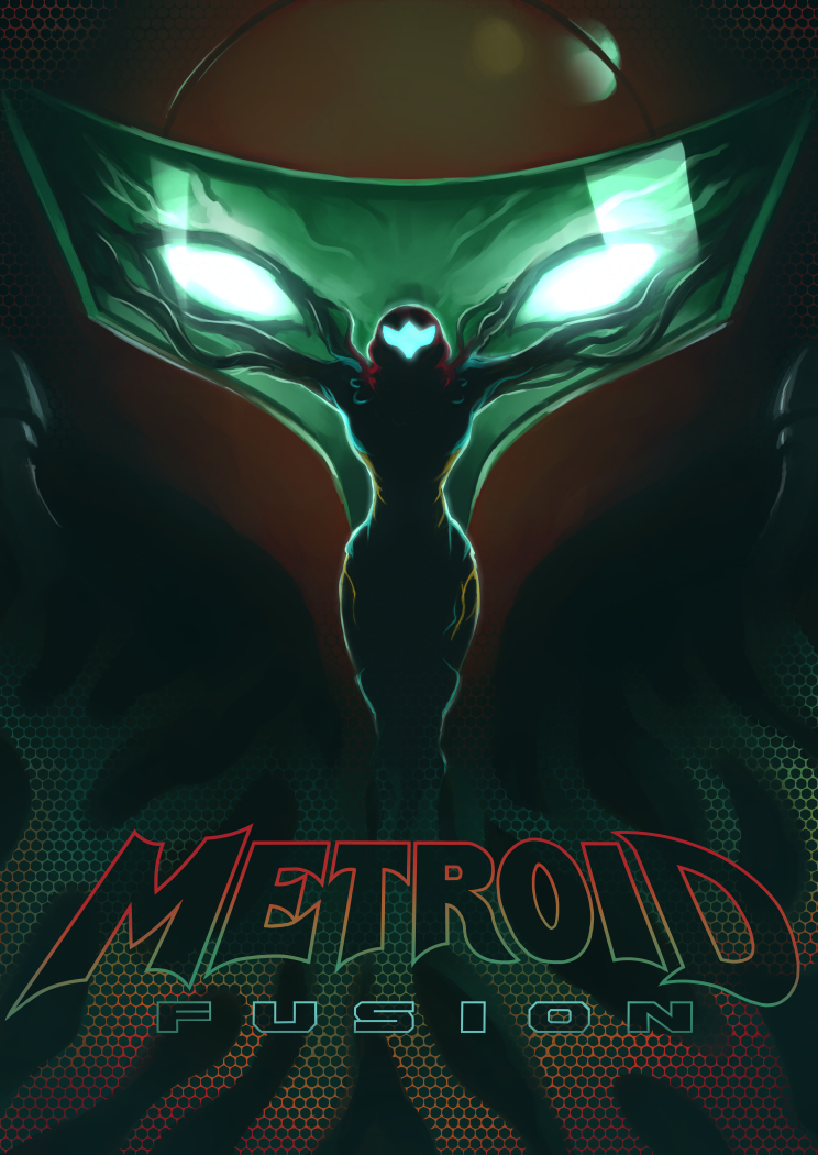 1girl 1other copyright_name dark_background fusion_suit glowing glowing_eyes helmet looking_at_viewer metroid metroid_fusion muddymike outstretched_arms power_armor sa-x samus_aran visor