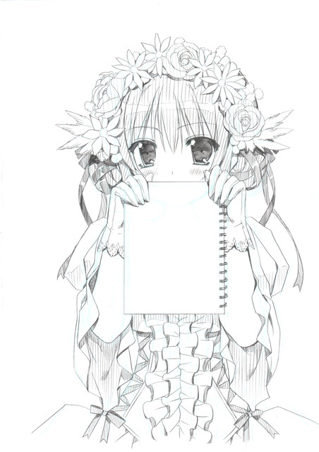 1girl bangs commentary_request covering_mouth eyebrows_visible_through_hair flower gloves graphite_(medium) greyscale hair_between_eyes hair_flower hair_ornament holding_sketchbook looking_at_viewer mechanical_pencil monochrome original pencil ryuuga_shou simple_background sketchbook solo traditional_media upper_body white_background