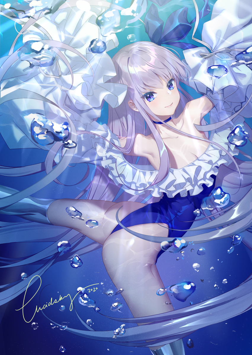 1girl air_bubble ass bangs bare_shoulders blue_eyes blue_ribbon blush breasts bubble choker closed_mouth collarbone fate/grand_order fate_(series) frills greaves hair_ribbon highleg highleg_swimsuit highres long_hair long_sleeves looking_at_viewer lucidsky meltryllis meltryllis_(swimsuit_lancer)_(fate) off-shoulder_swimsuit one-piece_swimsuit prosthesis prosthetic_leg puffy_sleeves purple_hair ribbon sleeves_past_fingers sleeves_past_wrists small_breasts smile swimming swimsuit thighs underwater very_long_hair white_ribbon