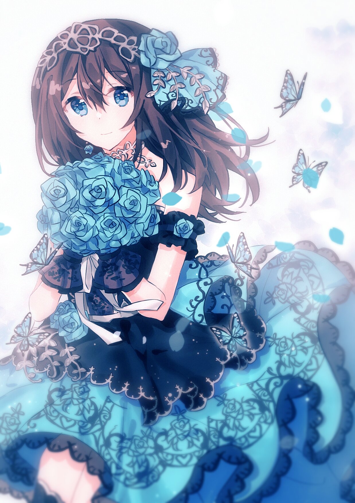 1girl armband black_hair blue_dress blue_eyes blue_flower blue_rose blurry blurry_background bug butterfly dress earrings eyebrows_visible_through_hair flower gloves gocoli hair_between_eyes hair_flower hair_ornament hairband highres holding holding_flower idolmaster idolmaster_cinderella_girls insect jewelry lace lace-trimmed_dress long_hair looking_at_viewer necklace petals rose sagisawa_fumika sidelocks smile solo tareme