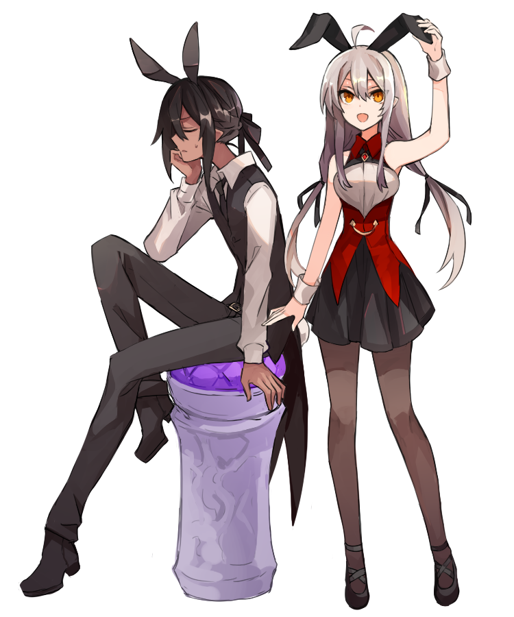 1boy 1other ahoge animal_ears black_pants black_ribbon black_skirt black_vest brown_legwear closed_eyes dark_skin dark_skinned_male fake_animal_ears hair_ribbon long_hair long_sleeves nemo_(pixiv_fantasia_age_of_starlight) omnis_(pixiv_fantasia_age_of_starlight) pants pantyhose pixiv_fantasia pixiv_fantasia_age_of_starlight rabbit_ears ribbon shirt sidelocks sitting skirt sleeveless standing sweatdrop tori_(10ri) vest white_shirt wrist_cuffs