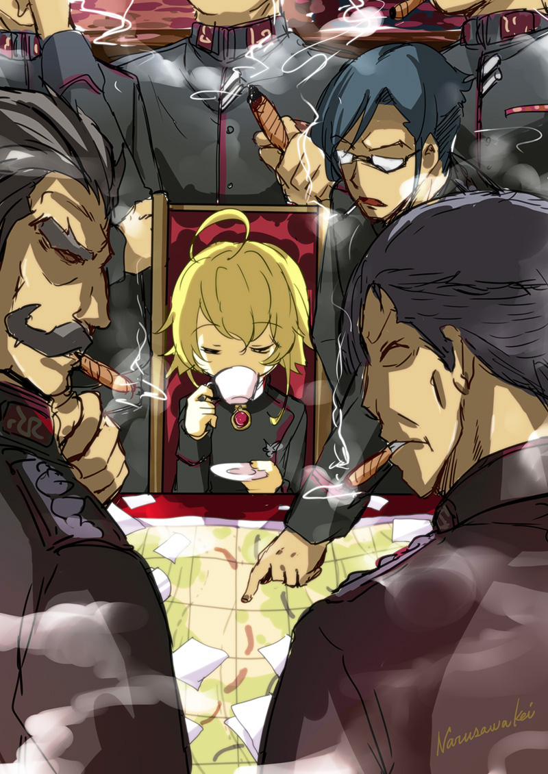 1girl ahoge bangs black_hair blonde_hair cigar cigarette closed_eyes cup erich_von_rerugen eyebrows_visible_through_hair facial_hair glasses hair_between_eyes hans_von_zettour holding holding_cigarette holding_cup kurt_von_rudersdorf military military_uniform multiple_boys mustache narusawa_kei ponytail smoke smoking tanya_degurechaff teacup uniform youjo_senki