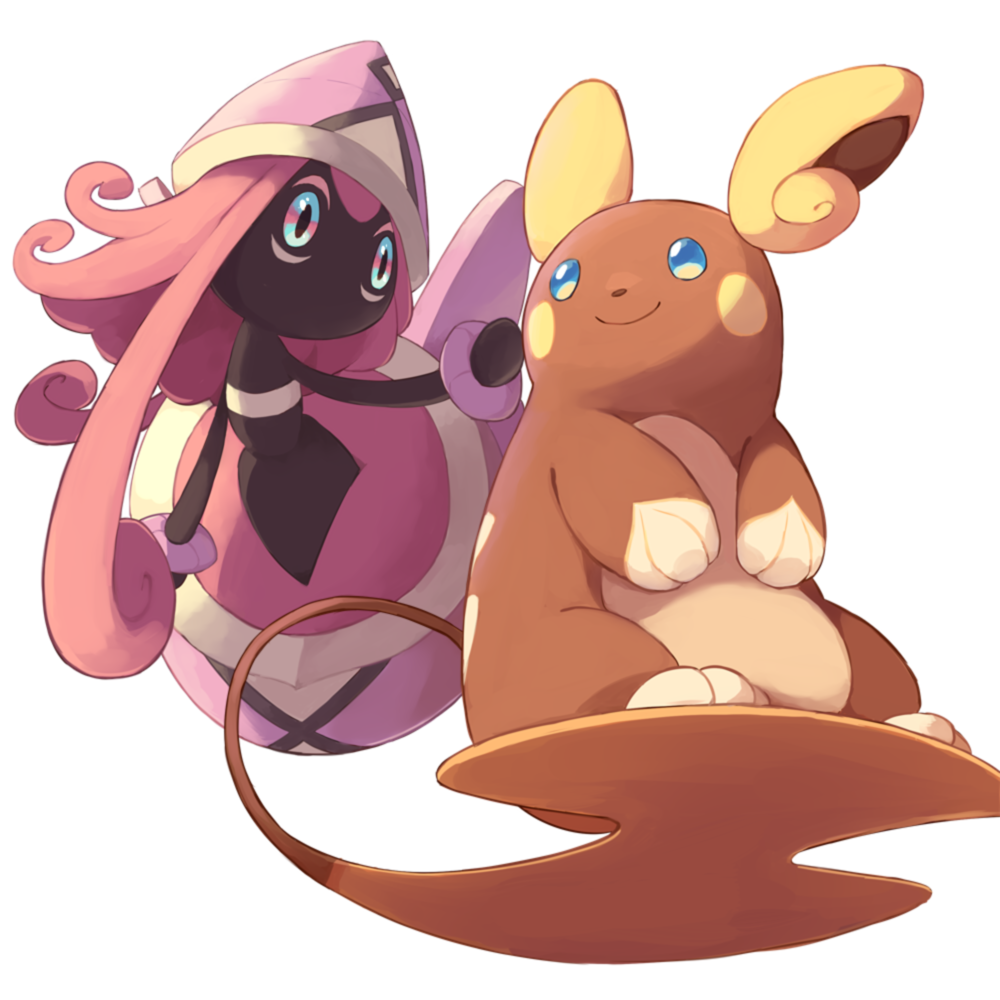 alolan_form alolan_raichu blue_eyes chorefuji closed_mouth eye_contact gen_7_pokemon legendary_pokemon long_hair looking_at_another looking_back no_humans pink_hair pokemon pokemon_(creature) smile tapu_lele white_background