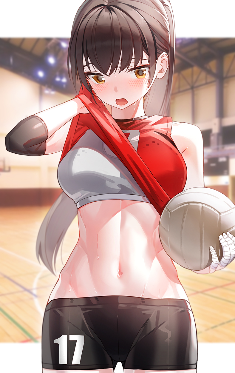 1girl arm_up ball bandaged_arm bandages bangs bare_shoulders black_shorts blurry blurry_background blush breasts brown_hair clothes_lift depth_of_field elbow_pads eyebrows_visible_through_hair gym highres holding holding_ball indoors kfr large_breasts lifted_by_self long_hair looking_at_viewer midriff navel number open_mouth orange_eyes original ponytail short_shorts shorts sleeveless solo sports_bra sportswear stomach sweat toned very_long_hair volleyball volleyball_uniform