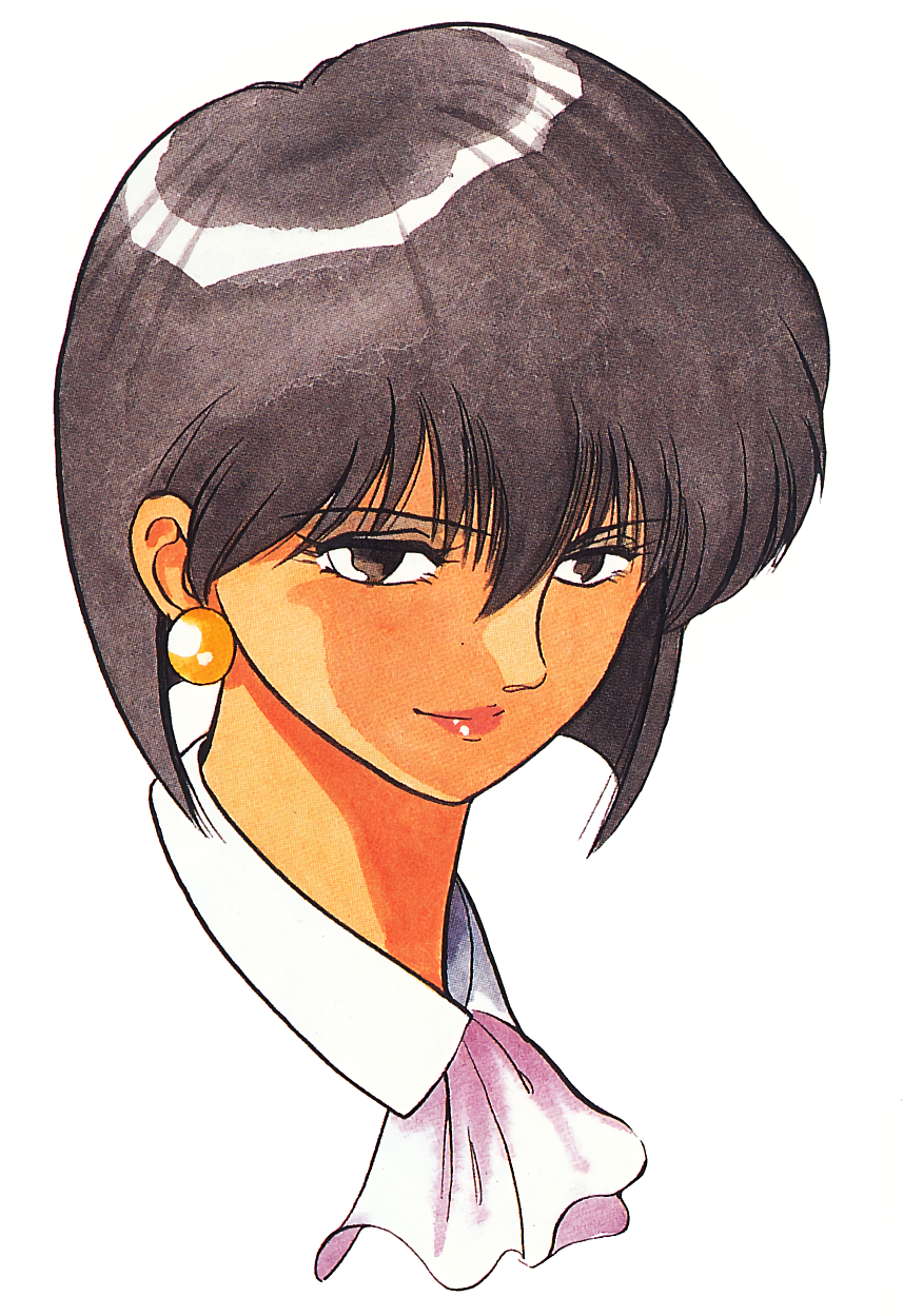 1990s_(style) 1girl all_purpose_cultural_cat_girl_nuku_nuku bob_cut brown_eyes brown_hair earrings highres jewelry lipstick makeup natsume_akiko official_art portrait scarf short_hair simple_background solo takada_yuuzou white_background