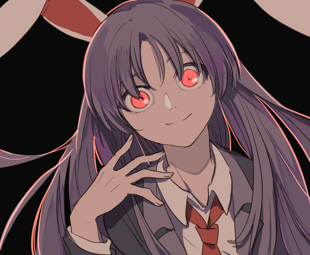 1girl animal_ears black_background bunny_girl collarbone dutch_angle face hair_over_eyes joniko1110 long_hair looking_at_viewer necktie outline outstretched_hand portrait purple_hair rabbit_ears red_eyes red_neckwear reisen_udongein_inaba simple_background smile solo touhou very_long_hair