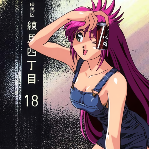 1990s_(style) 1girl all_purpose_cultural_cat_girl_nuku_nuku arm_up can fang green_eyes holding holding_can long_hair lowres naked_suspenders natsume_akiko official_art one_eye_closed open_mouth pink_hair soda_can solo suspenders