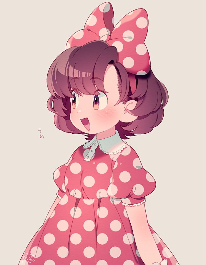 1girl bow brown_eyes brown_hair disney dress gijinka hair_bow hairband kiri_futoshi looking_to_the_side mickey_mouse_(series) minnie_mouse open_mouth personification polka_dot polka_dot_dress puffy_short_sleeves puffy_sleeves short_sleeves signature smile solo upper_body