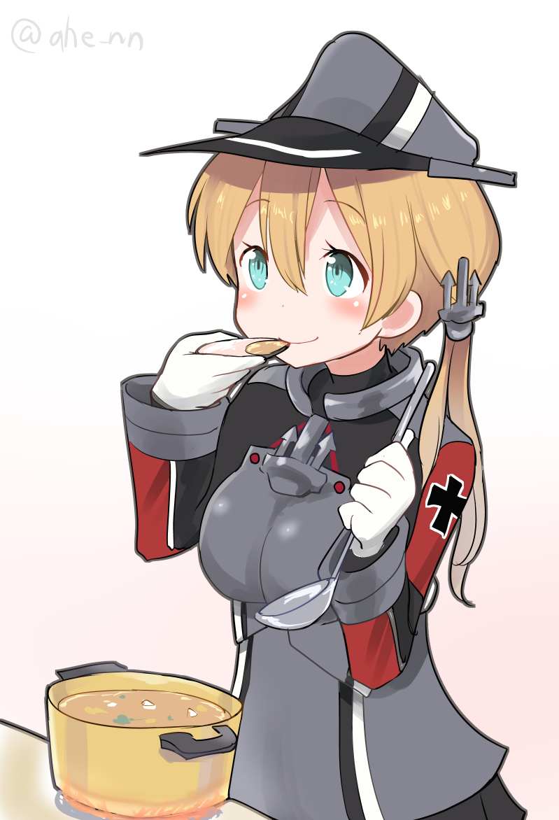 1girl ahenn aqua_eyes black_skirt blonde_hair blush breasts eyebrows_visible_through_hair food gloves gradient gradient_background hair_between_eyes hat holding holding_ladle kantai_collection ladle large_breasts long_hair long_sleeves military military_hat military_uniform miso_soup peaked_cap pleated_skirt pot prinz_eugen_(kantai_collection) skirt smile solo twitter_username uniform white_gloves