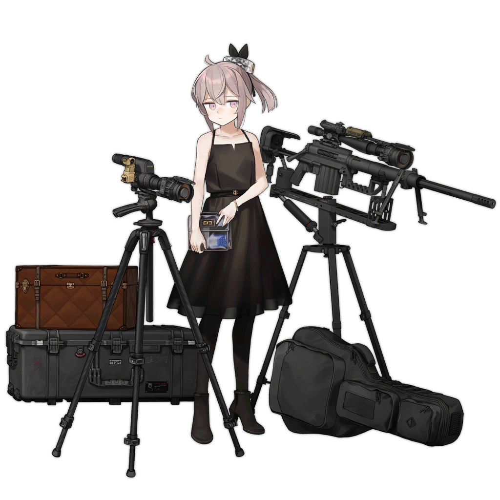 1girl alternate_costume astg bag bangs bare_shoulders belt black_belt black_dress black_footwear black_legwear bolt_action bracelet camera cheytac_m200 closed_mouth collarbone dress full_body girls_frontline gun hair_ornament handbag high_heels holding jewelry m200_(girls_frontline) official_art ponytail rifle scope shoes sleeveless sleeveless_dress sniper_rifle solo standing suitcase transparent_background violet_eyes weapon wristwear