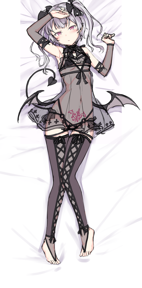 1girl arm_up bed_sheet black_legwear black_panties bridal_gauntlets covered_navel demon_girl demon_horns demon_tail demon_wings dress full_body hand_up highleg highleg_panties highres horns long_hair looking_at_viewer lying navel on_back original panties parted_lips pink_eyes pubic_tattoo ryuinu see-through silver_hair sleeveless sleeveless_dress solo tail tail_raised tattoo twintails underwear wings