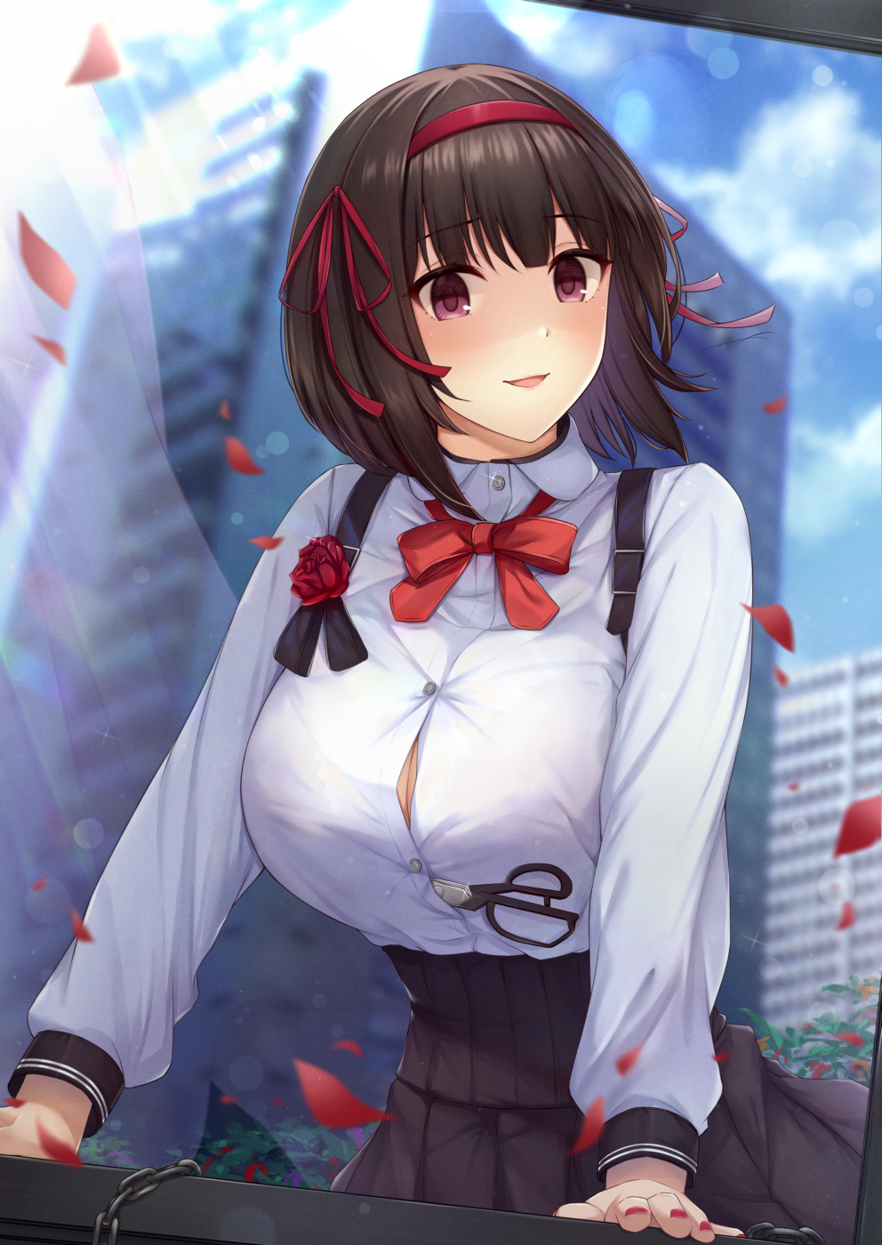1girl bangs black_skirt blue_sky blurry blurry_background blush bow bowtie breasts building buttons clouds cloudy_sky collared_shirt commentary_request eriko_(princess_connect!) eyebrows_visible_through_hair fingernails flower fou_zi hair_ribbon hairband highres huge_breasts long_sleeves looking_at_viewer nail_polish outdoors parted_lips petals princess_connect! princess_connect!_re:dive red_bow red_eyes red_flower red_hairband red_nails red_neckwear red_ribbon revision ribbon scissors shirt shirt_tucked_in short_hair skirt sky smile solo white_shirt wind