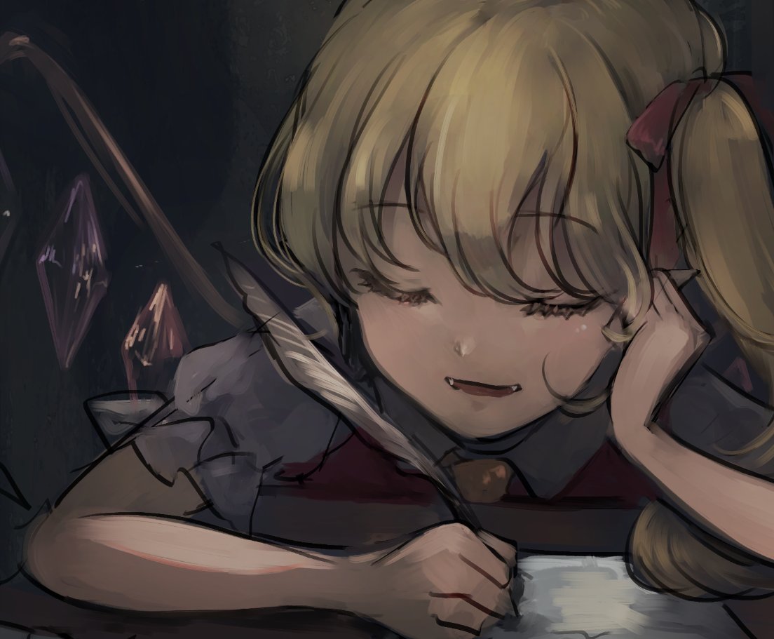 1girl bangs blonde_hair closed_eyes collared_shirt commentary_request crystal dark elbow_rest eyebrows_visible_through_hair eyelashes fangs flandre_scarlet hair_ribbon head_rest holding_feather holding_quill medium_hair one_side_up open_mouth pointy_ears poteimo_(poteimo622) puffy_short_sleeves puffy_sleeves quill red_ribbon red_vest ribbon shirt short_sleeves sleeping solo table touhou upper_body vest white_shirt wings yellow_neckwear