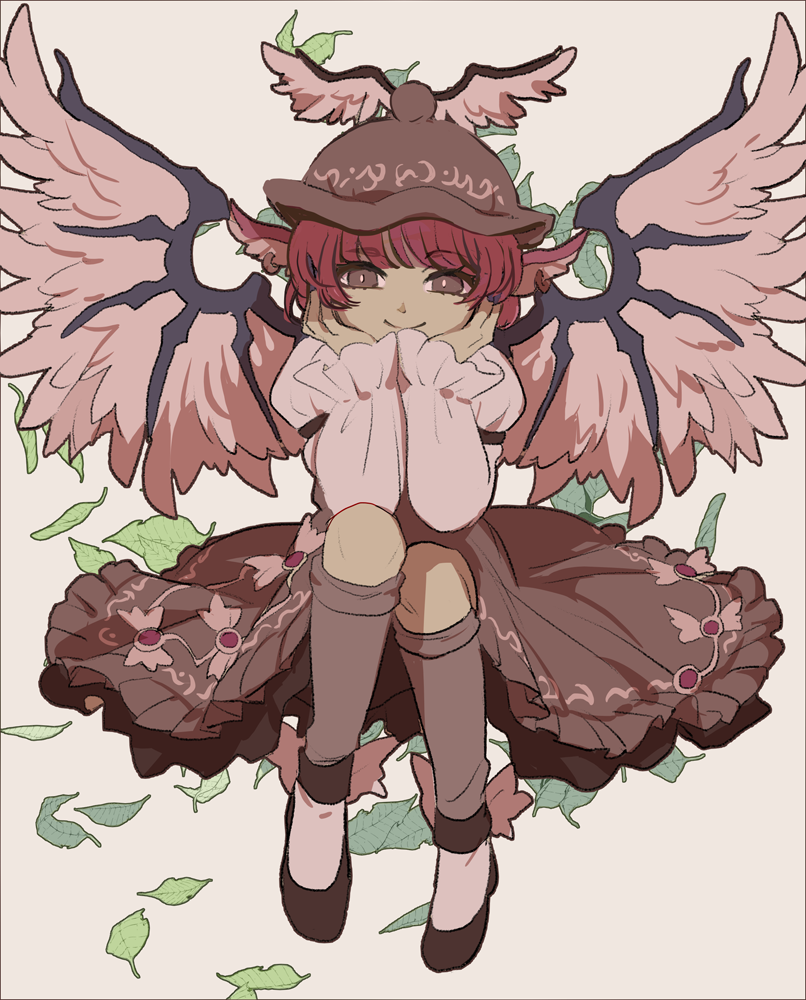 1girl beige_background black_border border feathered_wings frilled_sleeves frills full_body hands_on_own_face hat joniko1110 kneehighs leaf legs_together looking_at_viewer mystia_lorelei pointy_ears purple_hair purple_legwear purple_skirt shoes simple_background sitting skirt smile solo touhou violet_eyes winged_hat wings