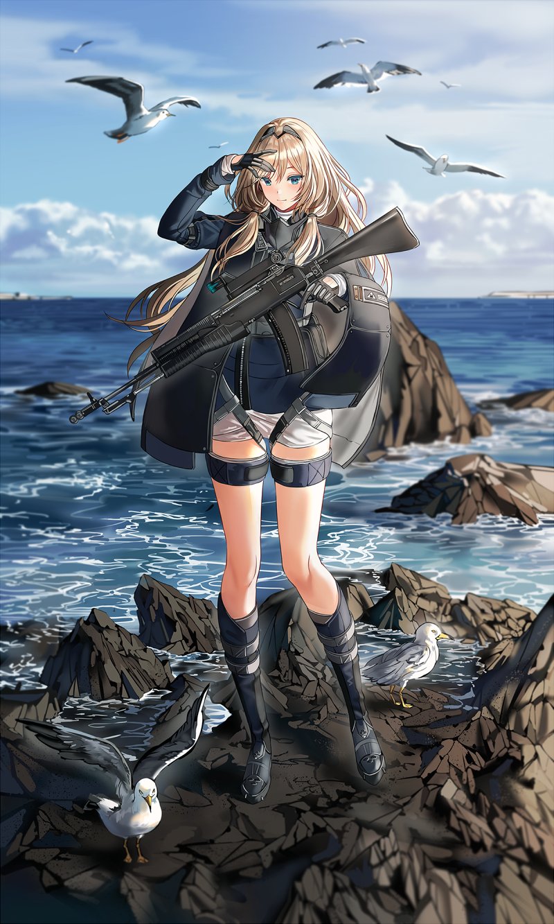 1boy an-94_(girls_frontline) assault_rifle bangs bird black_gloves blonde_hair blue_eyes blue_footwear blue_sky blurry blurry_background blush closed_mouth clouds girls_frontline gloves gun hair_between_eyes headband highres holding holding_gun holding_weapon jacket long_hair mask ocean outdoors rifle rock shorts silence_girl sky smile standing tactical_clothes thigh_strap water waves weapon white_shorts