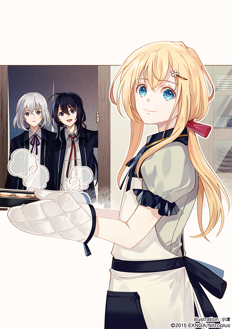 3boys :d ahoge apron black_hair blonde_hair blue_eyes bow collared_shirt cookie food hair_bow hair_ornament hairpin honebami_toushirou kamitsuki male_focus midare_toushirou multiple_boys namazuo_toushirou official_art open_mouth oven_mitts ponytail shelf shirt sliding_doors smile touken_ranbu tray violet_eyes white_hair