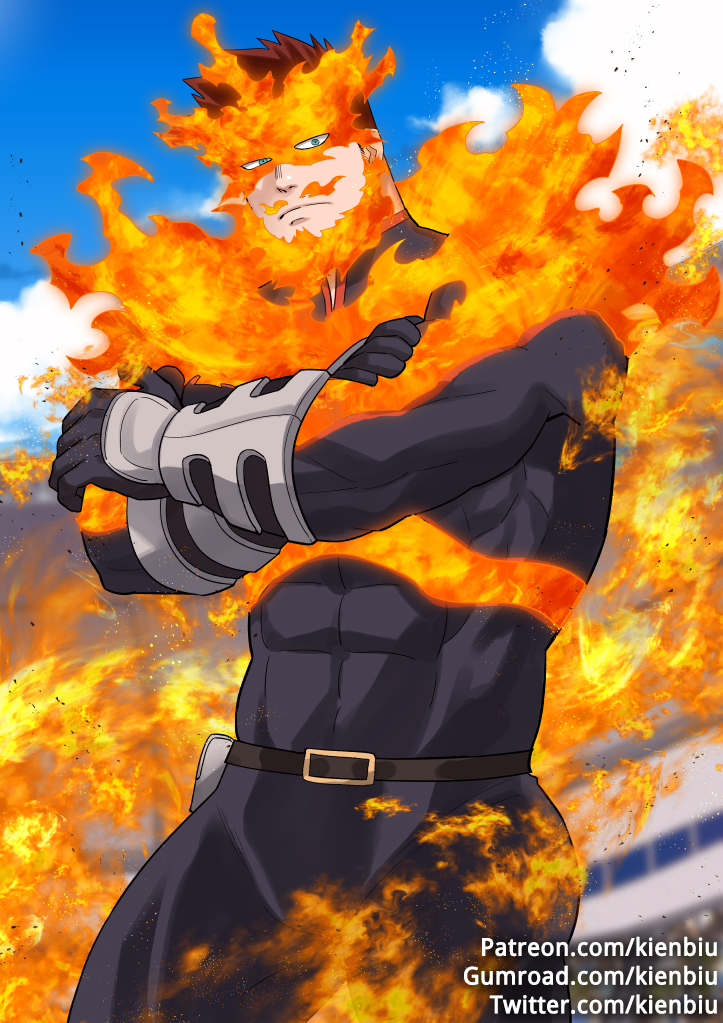 1boy abs bara beard belt blurry blurry_background bodysuit boku_no_hero_academia clouds cloudy_sky covered_abs crossed_arms embers facial_hair fire gloves gumroad_username kienbiu long_sleeves looking_at_viewer male_focus manly muscle patreon_username simple_background sky solo tight todoroki_enji toned toned_male twitter_username upper_body