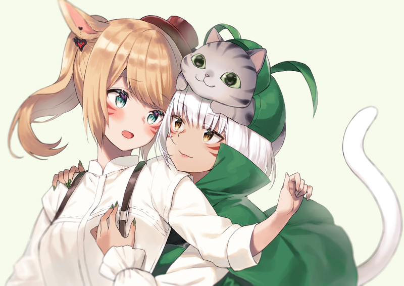 2girls animal animal_ears animal_on_head bangs blue_eyes blush breasts brown_eyes cape cat cat_ears closed_mouth collared_shirt commentary_request ear_piercing eyebrows_visible_through_hair final_fantasy final_fantasy_xiv fingernails green_cape green_nails light_brown_hair long_sleeves midorikawa_you miqo'te multiple_girls nail_polish on_head open_mouth piercing ponytail red_headwear sharp_fingernails shirt simple_background sleeves_past_wrists small_breasts smile suspenders tilted_headwear upper_body whisker_markings white_hair white_shirt