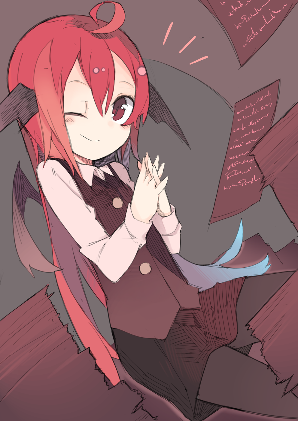 1girl ahoge aki_maki_yuu bat_wings black_legwear black_skirt black_vest blush commentary_request cowboy_shot dutch_angle head_wings highres interlocked_fingers koakuma long_hair long_sleeves looking_at_viewer notice_lines one_eye_closed pantyhose paper paper_stack red_eyes redhead shirt skirt smile solo touhou vest white_shirt wings