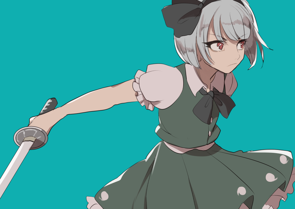 1girl aqua_background black_bow black_hairband bow frown ghost_print green_shirt green_skirt hair_bow hairband holding holding_weapon joniko1110 katana konpaku_youmu looking_to_the_side outstretched_arm puffy_short_sleeves puffy_sleeves red_eyes scowl shirt short_sleeves silver_hair simple_background skirt solo sword touhou upper_body weapon