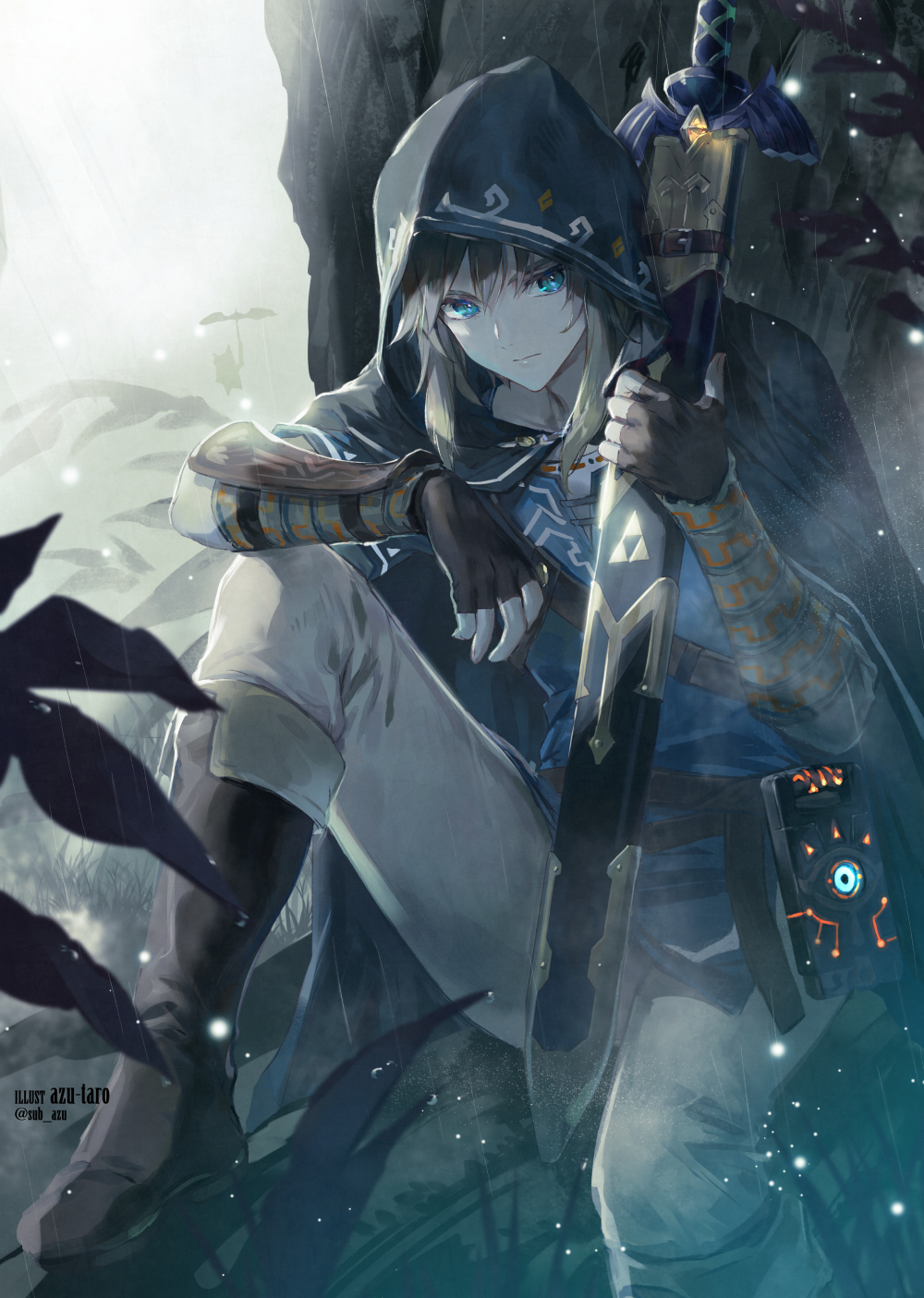 1boy against_tree azutarou blonde_hair blue_eyes blue_tunic boots brown_gloves cloak commentary_request fingerless_gloves gloves highres hood hood_up hooded_cloak link male_focus master_sword pants rain scabbard sheath sheathed sheikah_slate short_hair sitting solo sword the_legend_of_zelda the_legend_of_zelda:_breath_of_the_wild tree triforce tunic vambraces weapon