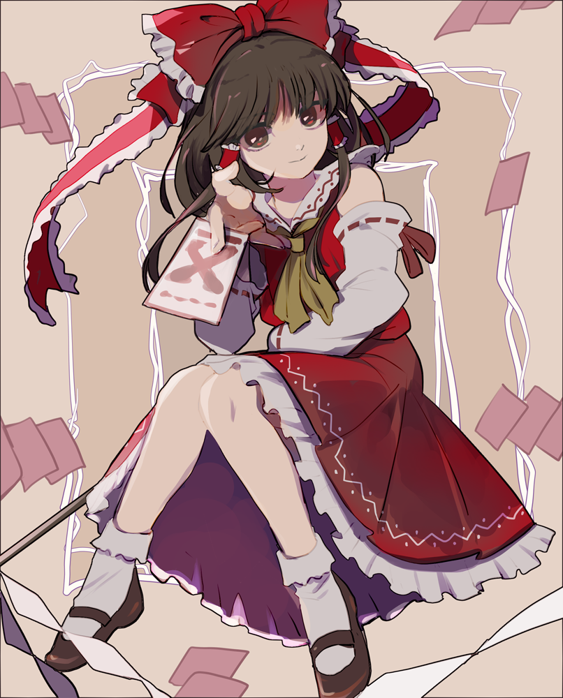 1girl arm_support bare_shoulders beige_background black_border bobby_socks border brown_eyes brown_hair detached_sleeves dress frilled_dress frills gohei hair_tubes hakurei_reimu head_tilt joniko1110 knees_together_feet_apart light_smile long_hair looking_at_viewer red_dress shoes sidelocks sitting socks solo touhou