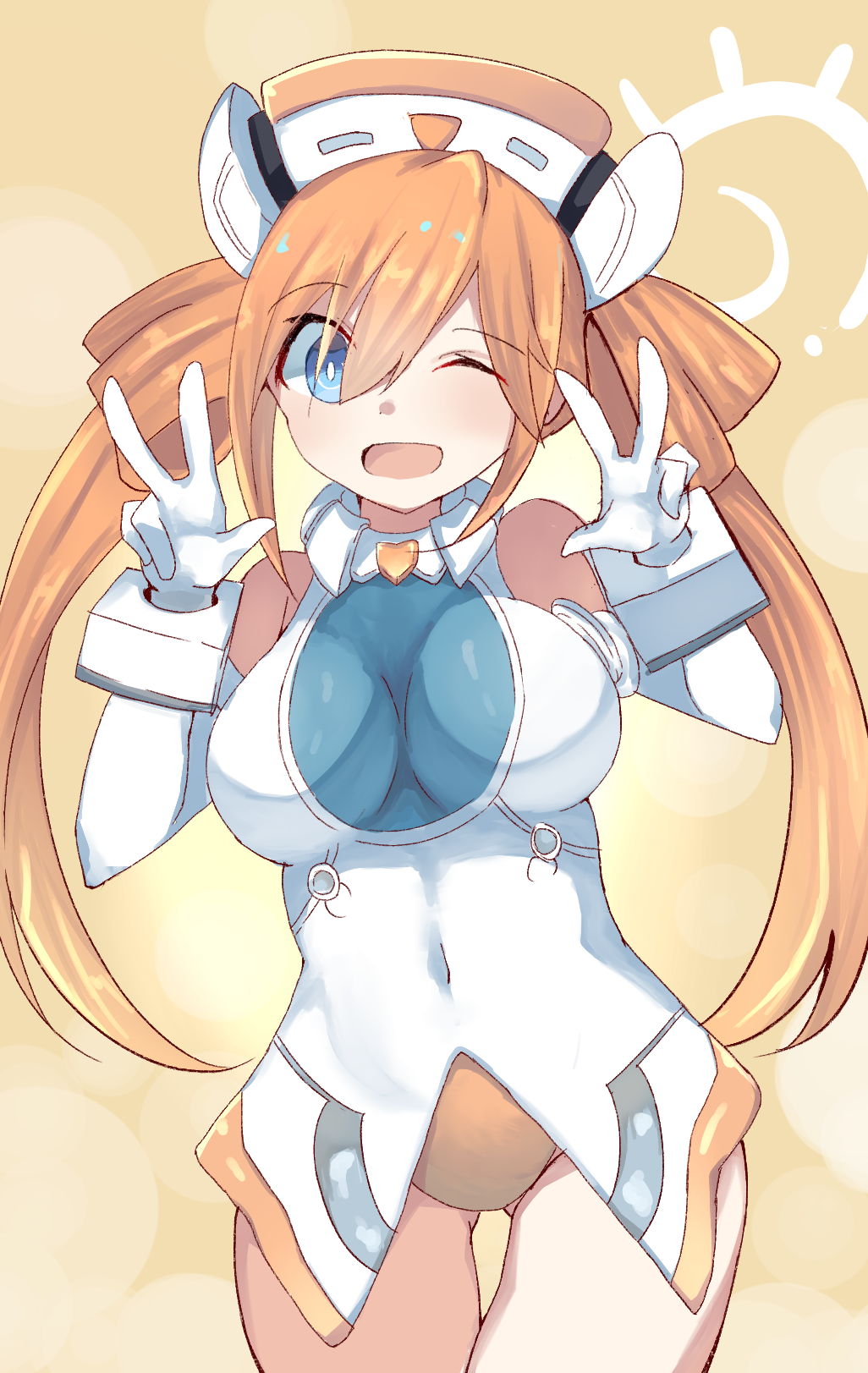 1girl ;d bare_shoulders blue_eyes blush breasts covered_navel cowboy_shot double_bun double_v elbow_gloves gloves hair_between_eyes hands_up hat highres leotard long_hair medium_breasts neptune_(series) one_eye_closed open_mouth orange_hair orange_heart power_symbol shimeji_wyvern shin_jigen_game_neptune_vii skin_tight smile solo symbol-shaped_pupils thigh_gap thighs twintails v very_long_hair white_gloves white_leotard