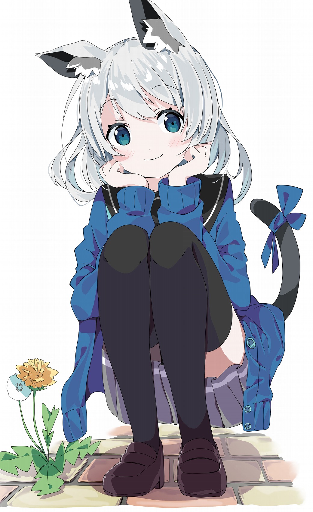 1girl animal_ears bangs black_legwear black_sailor_collar blue_bow blue_cardigan blue_eyes blush bow brown_footwear cardigan cat_ears cat_tail closed_mouth commentary_request eyebrows_visible_through_hair flower full_body grey_skirt hands_up highres loafers long_hair long_sleeves looking_at_viewer open_cardigan open_clothes original pleated_skirt sailor_collar shoes silver_hair skirt smile solo squatting tail tail_bow tail_raised tantan_men_(dragon) thigh-highs white_flower yellow_flower