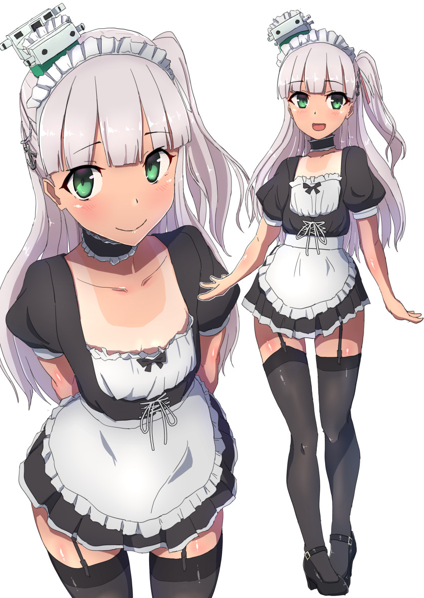 1girl alternate_costume apron black_dress black_footwear black_headwear blush collarbone comala_(komma_la) dress enmaided eyebrows_visible_through_hair garter_straps green_eyes high_heels highres kantai_collection long_hair maestrale_(kantai_collection) maid maid_headdress multiple_views one-piece_tan one_side_up open_mouth short_sleeves silver_hair smile tan tanline thigh-highs white_apron